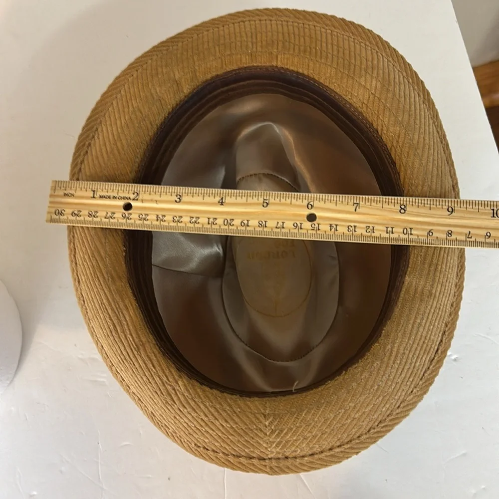Vintage Tan Corduroy London Fog Feathered Fedora Size 7